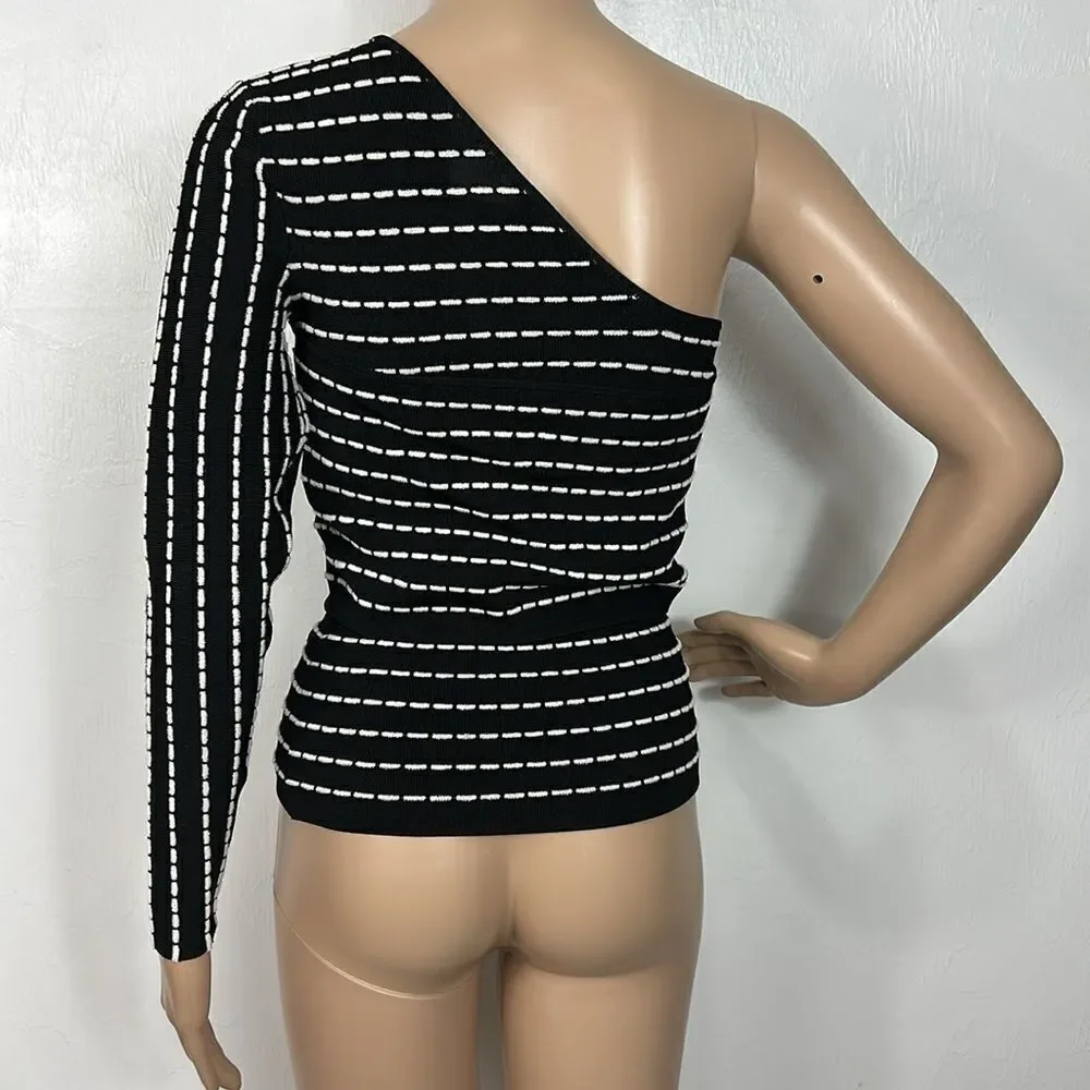 RONNY KOBO Black White Stretch One-Shoulder Knit Sweater Size S